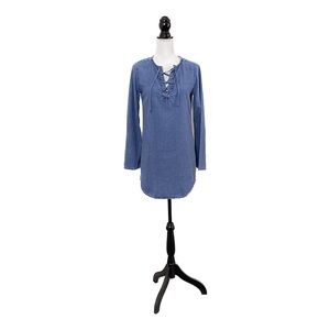 Bella Dahl XS Lace Up Chambray Shirt Dress Long Sleeve Blue Med Dark Wash Short